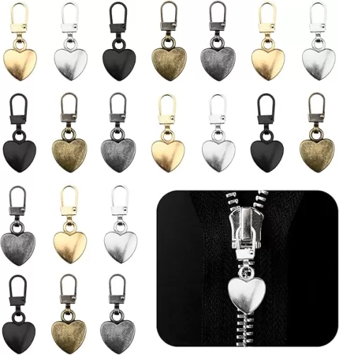 Bekecidi 20 Pcs Zipper Pull Replacement, Detachable Zip Pulls Metal Zipper Gripper Zip Repair Pull Tab Zipper Pull Replacement Slider Kit for Coat, Jacket, Backpack, Handbags (Heart)