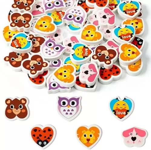 BeYumi 60Pcs Valentine's Day Heart Shaped Animal Mini Erasers for Kids Bulk Assorted Colorful Cute Novelty Heart Pencil Eraser School Classroom Prizes Student Homework Reward Gift Filling Party Favors