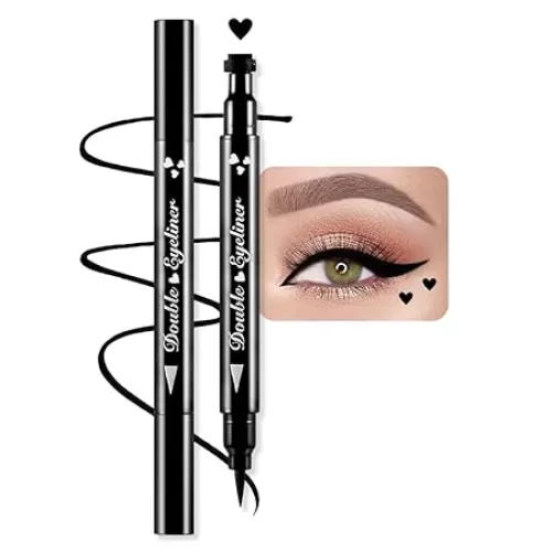 BINGBRUSH Double-head Liquid Stamp Eyeliner Pencil, Colors Flowers Heart Moon Star Shapes Face Stamps Makeup Colorful Waterproof Slim Gel Felt Tip High Pigment Liquid Eyeliner (04#Heart Shape&Black)