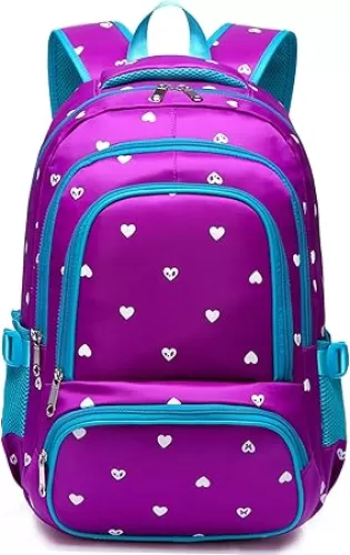BLUEFAIRY Kids Backpack for Girls Primary Elementary School Bag Bookbag for Childs Book Bag Mochilas Escolares para Niñas de 4-6 Back to School Cute Gifts 17" Heart Print/Purple