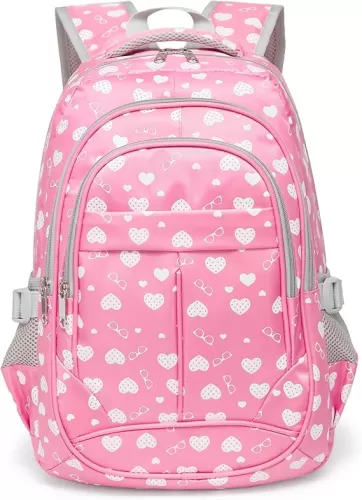 BLUEFAIRY Kids Backpacks for Girls Elementary Primary Middle School Bookbag 17 Inch for Girls Backpacks Ages 6-8 School Bag Mochilas Escolares Para Niñas Heart Print Pink