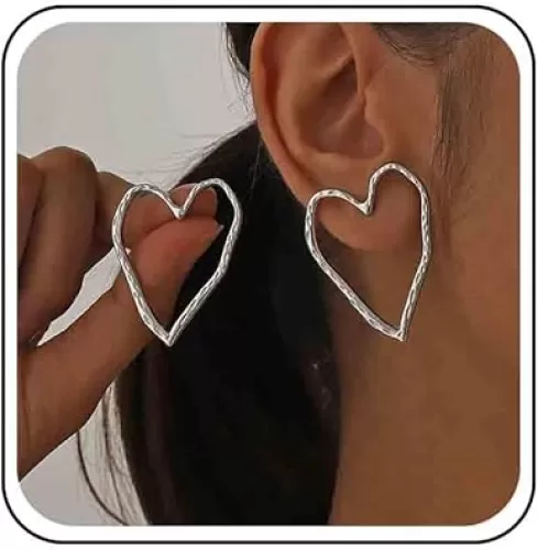 Boho Big Silver Heart Stud Earrings Hammered Hollow Heart Earrings Heart Stud Loop Earrings Love Heart Statement Earrings Large Open Heart Shape Earrings Jewelry for Women
