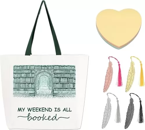 Book Lovers Gifts Set - My Weekend is All Booked Canvas Tote Bag with Feather Bookmark, Heart Shaped Sticky Notes for Book Lovers Back to School Teacher Bookish Gifts Librarian Reader Reading Lovers