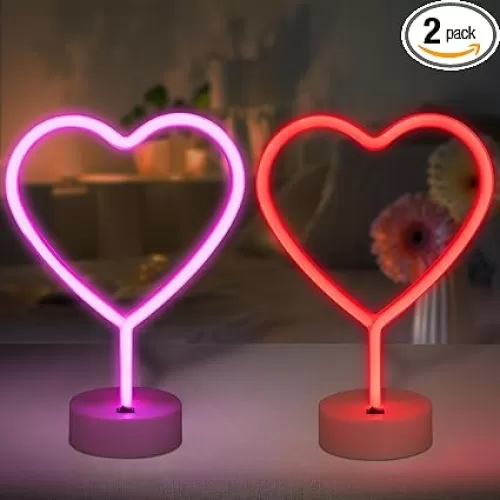 BRIGHTDECK 2 Pack Heart Neon Signs, LED Pink Lights Battery Operated or USB Powered Decoration Lamp, Neon Lights Heart Decor for Valentine's Day Gifts, Wedding, Party, Pink Room Decor