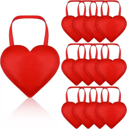 Bulyoou 12 Pcs Valentine‘s Day Heart-shaped Gift Bags Reusable Red Heart Tote with Handles Bulk Large Non-woven Red Tote Bags Decor for Valentine Party Wedding Gift Wrapping Favors