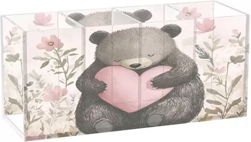 Burbuja Valentine Bear Hold Heart Acrylic Pen Holder 4 Compartments, Clear Pencil Holder for Stationary Makeup Brush, Home Office Desk Accessories
