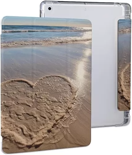 Case for iPad 10.2 Inch with Pencil Holder (2020/2019 Model 8/7 Generation), Heart Shape on The Beach Printed Anti-Slip Silicone Protective Case with Tri-fold Stand Auto Sleep/Wake Cover