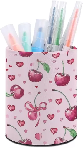 Cherry And Heart Shape Pen Holder Cute Round Pencil Case Pen Holder for Desk PU Leather Desk Accessories Makeup Brush Organizer for Home Office Supplies
