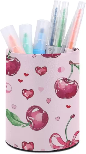 Cherry And Heart Shape Pen Holder Round Pencil Holder PU Leather Desk Organizer Makeup Brush Cup & Office Supply Storage | Portable Caddy for Home, Office, Dorm | Gift-Ready Desktop Organizer
