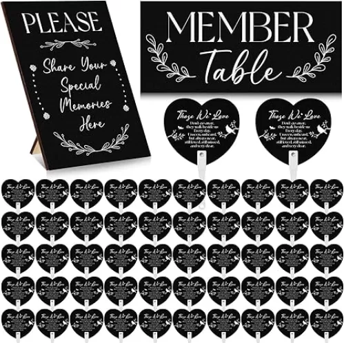 Chunful 50 Pcs Funeral Favors Fans Bulk and 2 Pcs Funeral Welcome Sign, Memory Wood Sign Plastic Black Heart Shape Handheld Fan for Guest Services Condolence Gift