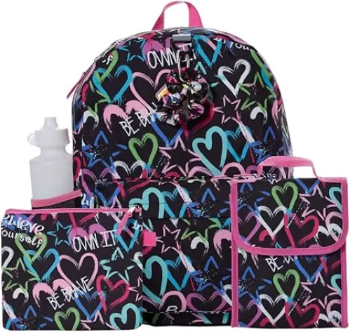 CLUB LIBBY LU Heart Love Backpack Set for Girls, 16 inch, 6 Pieces - Includes Foldable Lunch Bag, Water Bottle, Scrunchie, & Pencil Case - Black