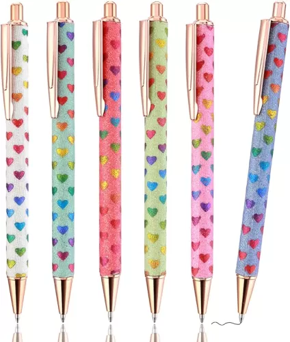 Cobee Bling Metal Ballpoint Pens, 6 Pack 1.0 mm Click Retractable Black Ink Medium Point Gift for Student - Glitter, Comfortable Writing, Pretty Journaling (Love Heart)