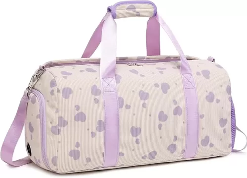 Corduroy Dance Bag Girls Duffle Bag Gymnastics Bag for Girls Overnight Bag Sleepover Bag with Shoe Compartment and Wet Pocket, Heart Shape