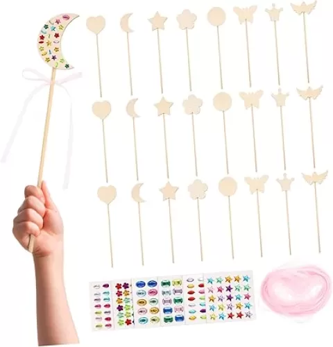CORHAD 1set Fairy Wand Kit for Boy Girl DIY Wooden Fairy Wands with Moon Star Heart Crown Shapes for Girls Party Supplies Classroom Projects and Craft Activities