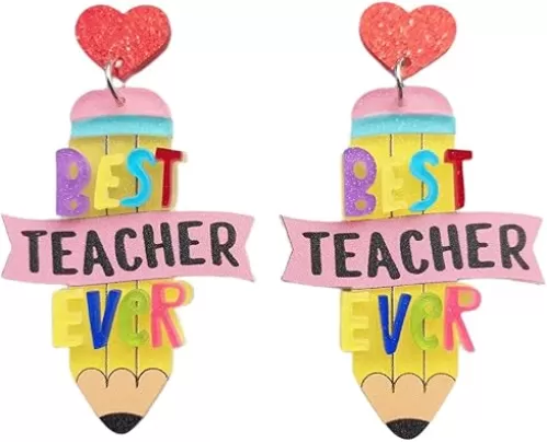 Cute Colorful Pencil Teachers Acrylic Dangle Drop Earrings Funny Heart Shape Book Teacher Earrings for Women Back to School Jewelry Teachers Appreciation Gifts