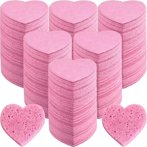 Dandat 300 Count Compressed Facial Sponges Heart Shape Face Sponges for Cleansing Natural Facial Exfoliating Pads for Estheticians(Pink)