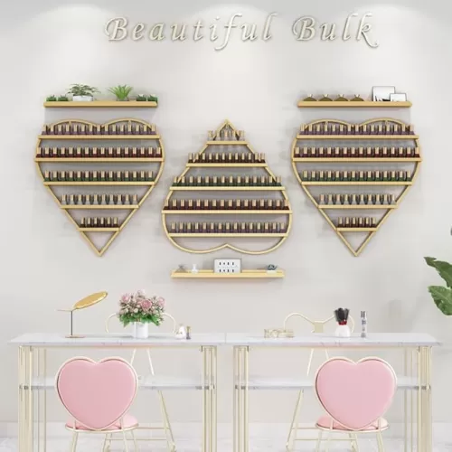 DaryaBrest Wall-Mounted Nail Rack - 5 Tier Metal Display Case (Heart-Shaped) Cosmetic Storage Shelves home Spa Shop (gold)