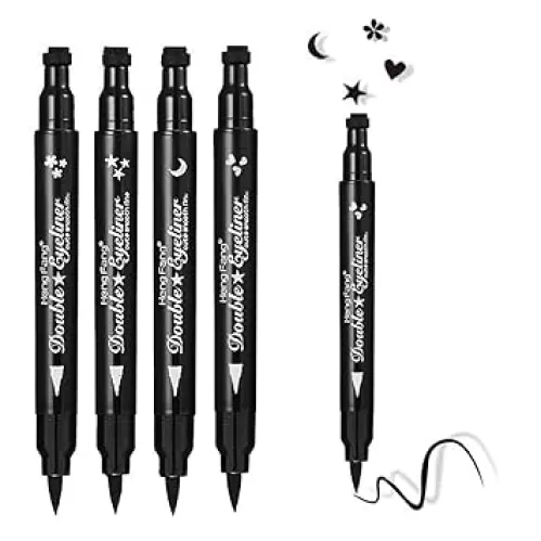 Double-headed Liquid Eyeliner Pen Stamp Super Slim Gel Felt Tip Waterproof Long Lasting Makeup Tool(Heart/Moon/flower/Star Shape Stamp Pen, 4 Styles/Set)