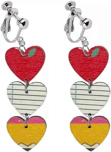 Double-sided Print Wooden Teacher Earrings for Women Pencil Book Heart Clip on Earrings for Teachers Back to School Graduation Earrings