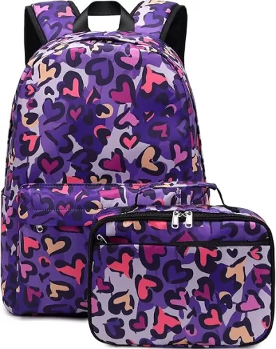 DSIUE Kids Backpack for Girls Elementary BookBags Teens Middle School Backpack with Lunch Box Love Heart Purple