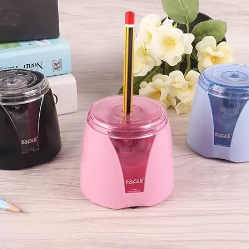 Eagle Electric Pencil Sharpener, Battery Powered, Large Shaving Holders, Carbon Steel Blades, Portable, Reusable and Replaceable Blade, Suitable for Kids, Home, School and Office use (Pink)
