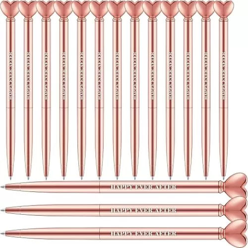 Eersida 16 Pcs Wedding Bridal Shower Pens Heart Shaped Happy Ever After Pens for Women Black Ink Metal Slim Ballpoint for Proposal Bachelor Slumber Party Wedding Gift Guest Office Supplies(Rose Gold)