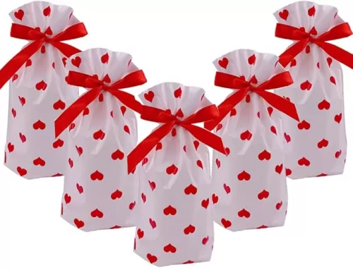 Enjonar 24pcs Treat Bags - Love Plastic Drawstring Gift Bags with Red Heart Design for Parties, Candy, Goodies, Food Storage and Gift Wrapping