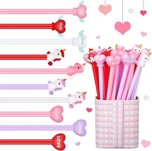 Epakh 30 Pieces Heart Shape Pens Unicorn Ballpoint Valentine's Day Pens Heart-shaped Ballpoint with Wings Novelty Rollerball for Student Stationery Office Valentine's Day Party Supplies