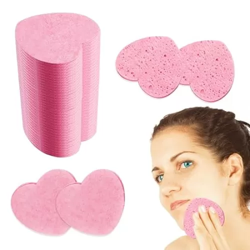 Face Sponges, 70-Count Compressed Facial Sponges for Washing Face, SPA Face Sponges for Cleansing, Natural Cellulose, Reusable, Makeup Removal Heart Shape Compressed Facial Sponges