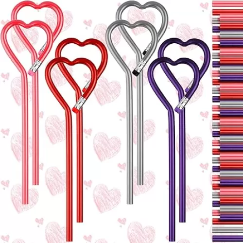 Fainne 60 Pcs Valentine's Day Heart Shape Pencils Wooden Note Pencils Assorted Colorful Heart Pen for Kids Valentines Gift Classroom Exchange School Carnival Game Prizes(Red, Pink, Purple, Silver)