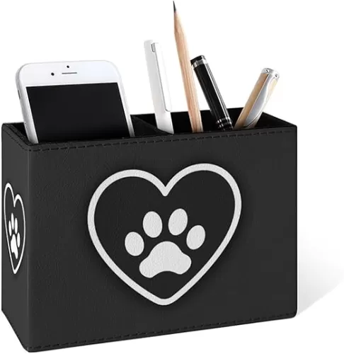 Famame Dog Paw in Heart Shape Pencil Holder for Desk, Leather Desktop Container Pen Cup Storage Study Table Pen Organizer Makeup Brush Holder for Classroom Office Home