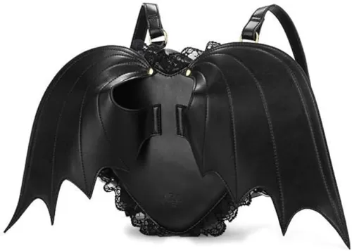 NEEVAS Fashion Girl Gothic Black Bat Heart Wings Backpack Goth Punk Lace Wing Bag