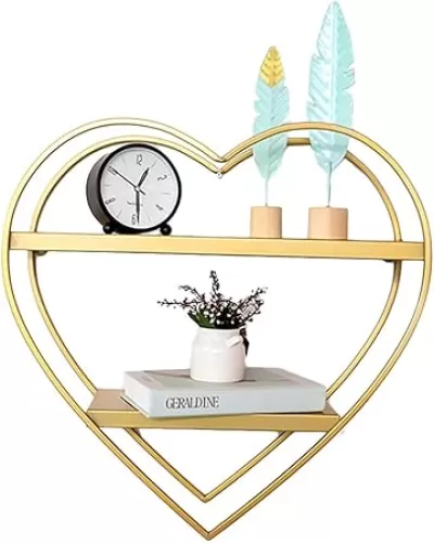 Floating Shelves for Wall Heart-shaped Floating Wall Shelves 2 Tier Metal Wall Mounted Shelves Wall Shelf for Bedroom (Color : Gold, Size : 50 * 15 * 51cm)