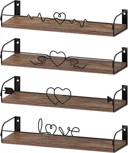 Floating Shelves Heart Shaped Wall Shelf, Rustic Wood Heart Shaped Shelving for Bedroom Kitchen Living Room Nursery Bathroom, Set of 4