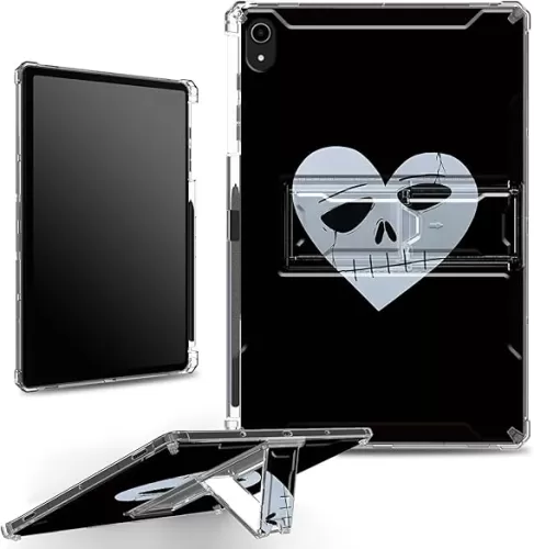 for iPad 10th Generation Case iPad 10.9 inch (2023/2022 Model) with Pencil Holder, Clear Shockproof Corners Case with Built-in Kickstand Soft TPU Bumper, Heart Shaped Skull