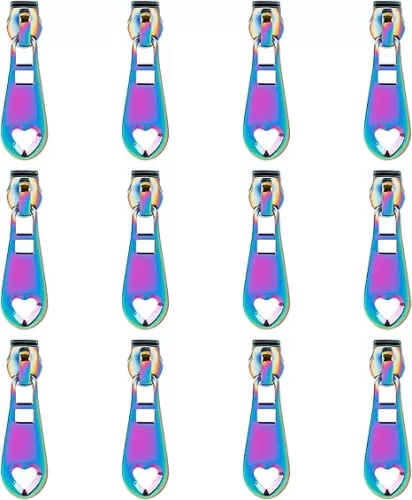 Framendino, 12 Pack Zipper Pulls #5 Rainbow Heart Long Metal Replacement Sliders Zippers Pull for Tailor Sewing Crafts Luggage Purses Bags Bulk Colorful