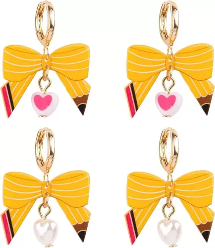Framendino, 2 Pairs Pencil Earrings for Teachers Women Crayon Bow Shaped Earring with Heart Dangle