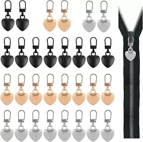 Framendino, 30 Pack Metal Zipper Pull Replacement Detachable Multifunctional Heart Shaped Tabs Repair Kits for Coats Jackets Pants Luggage