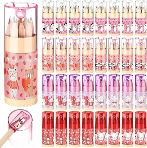 Fumete 32 Pack Mini Drawing Colored Pencils Pink Heart cute Coloring Pencils with Sharpener Bulk Classroom Exchange Gift School Class Prizes Bulk, 12 Count in Tube