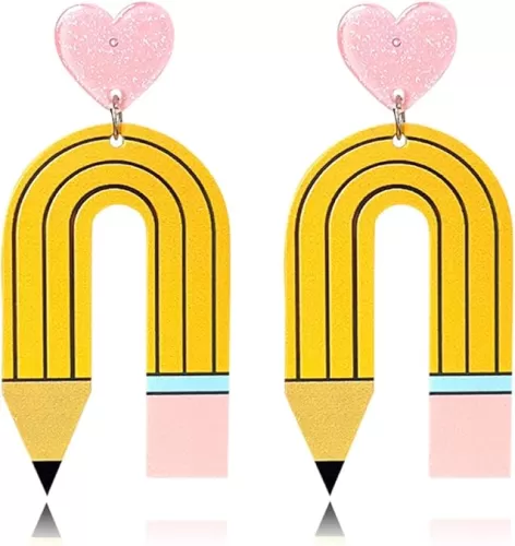 Fun Heart Pencil Earrings for Women Trendy Teacher Earrings for Women Acrylic Lightweight Drop Dangle Pencil Earrings for Teachers Appreciation Gifts from Students Graduation Earrings Gifts Jewelry