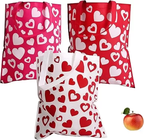 Funiverse Bulk 24 Pack Heart Decorated Reuseable Shopping Bag Tote Asst - Ideal for Valentine's Day, Weddings, Baby Showers, or Heart Health Gift Bags