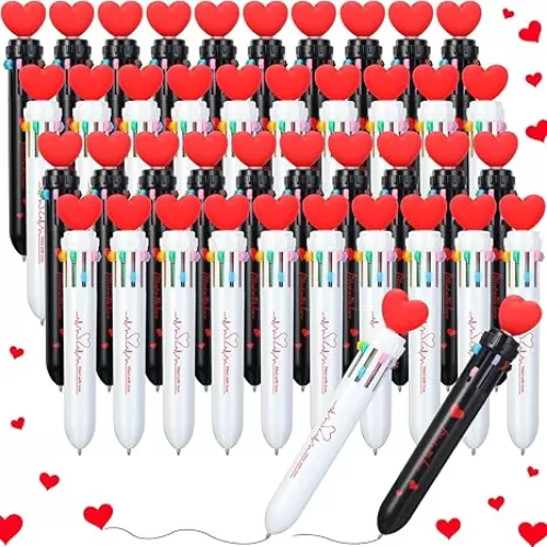 Geyoga 36 Pcs Valentine's Day Heart Shape Multicolor Pen 0.5mm 10 in 1 Fun Pens for Adults Heart Pens Barrel Retractable Ballpoint Pens for Valentine's Day Office Party Gift