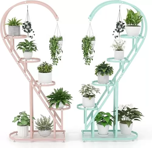 Giantex 5 Tier Metal Plant Stand Indoor, Creative Heart-shaped Ladder Plant Shelf with Hanging Hook for Multiple Plants, Tiered Flower Display Shelf, Tall Plant Stand for Valentine's Day Home Holiday