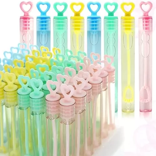 GIFTEXPRESS Valentine's Day Heart Shape Mini Bubble Wands for Kids - 48 Pack 4.25" Tall Assorted Pastel Color Heart Bubble Sticks - 5 mL Tube Non Toxic Bubbles Solution for Party Goodies Favors
