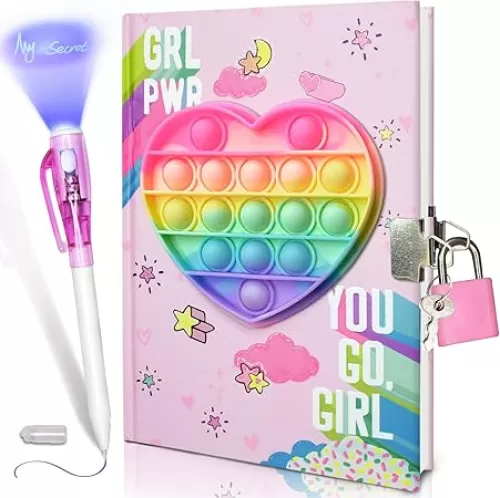 GINMLYDA Pop Girls Diary with Lock and Invisible Ink Double-end Pen, 7.5x5.4 Inches 160 Lined Pages Fidget Colorful Heart Girls Journal for Kids Secret Notebook Pen Set Gifts for Writing