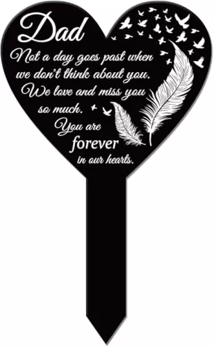 GLOBLELAND Heart Shaped Feathers Garden Stake Memorial Remembrance Plaque Stake for Father Cemetery Acrylic Waterproof Sympathy Garden Stakes for Yard Grave Cemetery