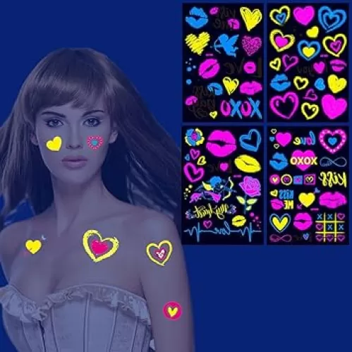 Glow In The Dark Heart Temporary Tattoos, Luminous Neon Valentines Day Temporary Tattoos, Bride Wedding Valentine Heart Music Rave Festival Tattoos Stickers For Women Men Adults(Neon Heart)