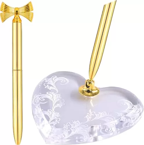 Gold Bow Signing Pen and Acrylic Heart Holder for Wedding Bridal Guest Sign in Anniversary Engagement Ceremony Birthday Party Graduation Office Guest Book Ballpoint Pen Reception