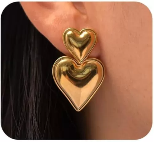 Gold Heart Drop Earrings, Double Heart Statement Dangle Earrings for Women