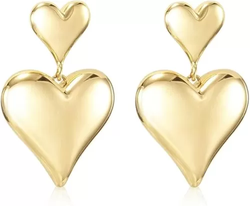 Gold Heart Earrings Dangle, Big Heart Dangle Earrings for Women, Sparkly Large Heart Shaped Earrings, Trendy Double Heart Drop Earrings, Cute Love Heart Dangling